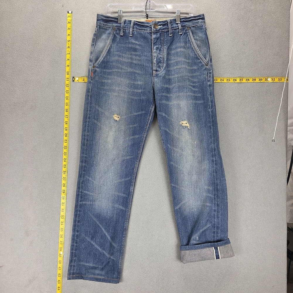 Selvedge Jeans Mens 32x32 Blue Button Fly Thrashed Honeycomb Superdry